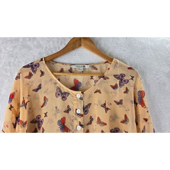 Forever 21 Crop Top High-Low Butterfly SzL Simi-sheer Coquette Button Up Blouse - Picture 3 of 9